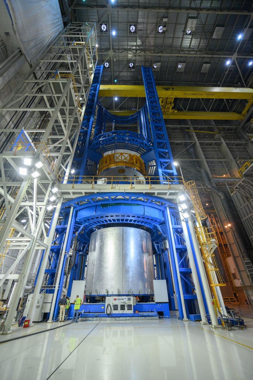 Space Launch System Corestage-2 Liquid Hydrogen(LH2) tank is under construction at NASA's Michoud Assembly Facility. Here you can see 1 of 5 barrels being loaded in the Vertical Assembly Center tool where it will be welded.
