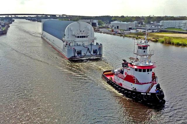 Pegasus on the ICWW at Larose, LA  as it makes its way from the Thoma-Sea Shipyard in Houma, LA to Stennis Space Center in Mississippi on Tuesday, October 13, 2020.