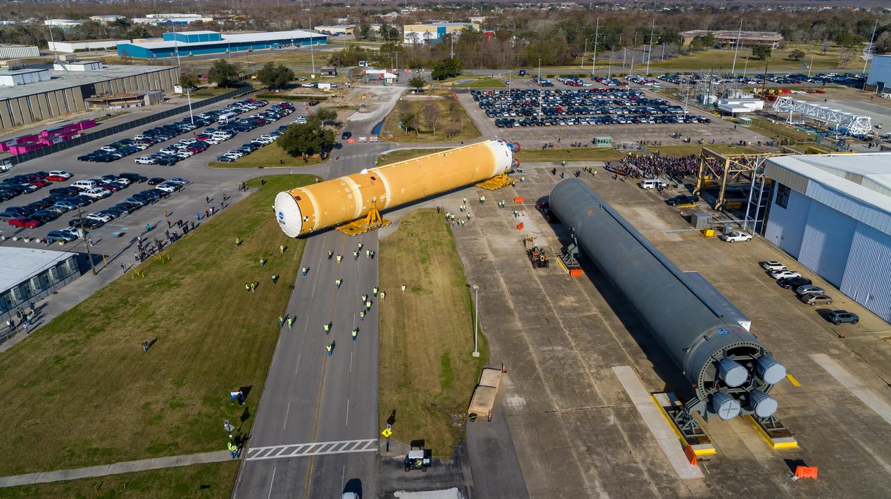 These images/video show how teams rolled out, or moved, the completed core stage for NASA’s Space Launch System rocket from NASA’s Michoud Assembly Facility in New Orleans. Crews moved the flight hardware for the first Artemis mission to NASA’s Pegasus barge on Jan. 8 in preparation for the core stage Green Run test series at NASA’s Stennis Space Center near Bay St. Louis, Mississippi. Pegasus, which was modified to ferry SLS rocket hardware, will transport the core stage from Michoud to Stennis for the comprehensive core stage Green Run test series. Once at Stennis, the Artemis rocket stage will be loaded into the B-2 Test Stand for the core stage Green Run test series. The comprehensive test campaign will progressively bring the entire core stage, including its avionics and engines, to life for the first time to verify the stage is fit for flight ahead of the launch of Artemis I.  Assembly and integration of the core stage and its four RS-25 engines has been a collaborative, multistep process for NASA and its partners Boeing, the core stage lead contractor, and Aerojet Rocketdyne, the RS-25 engines lead contractor. Together with four RS-25 engines, the rocket’s massive 212-foot-tall core stage — the largest stage NASA has ever built — and its twin solid rocket boosters will produce 8.8 million pounds of thrust to send NASA’s Orion spacecraft, astronauts and supplies beyond Earth’s orbit to the Moon and, ultimately, Mars. Offering more payload mass, volume capability and energy to speed missions through space, the SLS rocket, along with NASA’s Gateway in lunar orbit and Orion, is part of NASA’s backbone for deep space exploration and the Artemis lunar program.