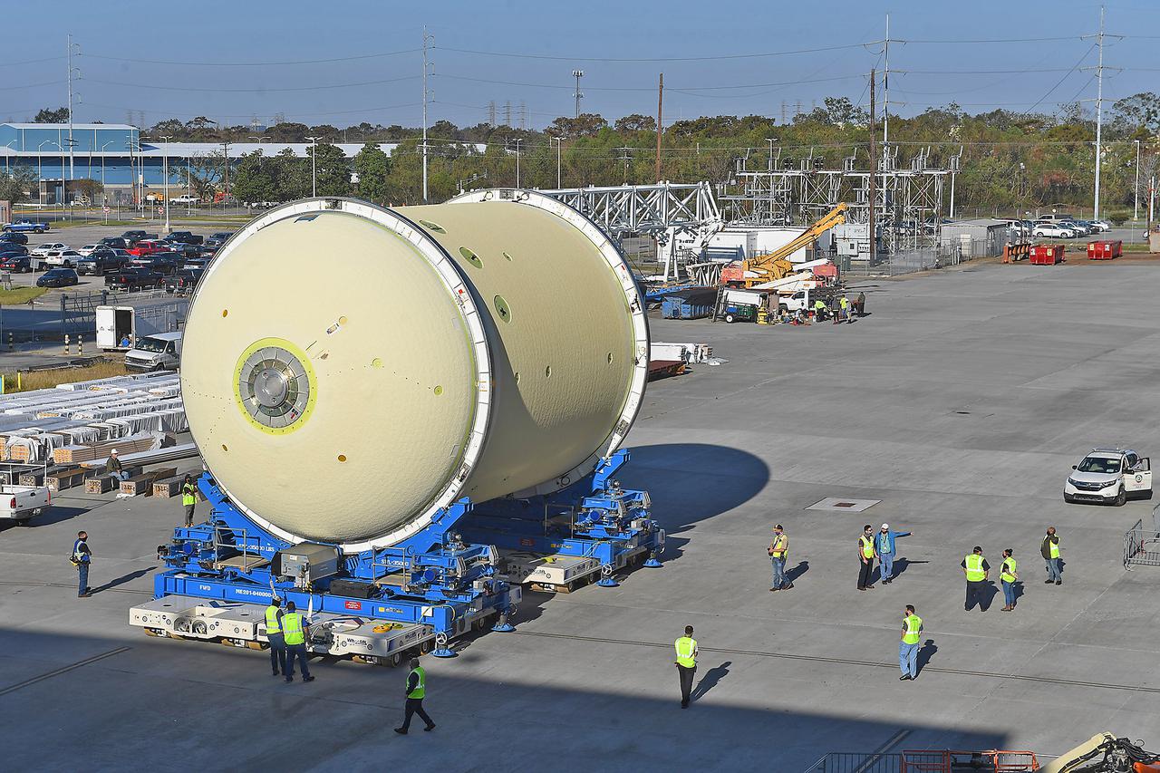 This image highlights the liquid oxygen tank, which will be used on the core stage of NASA’ Space Launch System rocket for Artemis II, the first crewed mission of NASA’s Artemis program, at NASA’s Michoud Assembly Facility. The SLS core stage is made up of five unique elements: the forward skirt, liquid oxygen tank, intertank, liquid hydrogen tank, and the engine section. The forward skirt houses flight computers, cameras, and avionics systems. The liquid oxygen tank holds 196,000 gallons of liquid oxygen cooled to minus 297 degrees Fahrenheit. The LOX hardware sits between the core stage’s forward skirt and the intertank. Along with the liquid hydrogen tank, it will provide fuel to the four RS-25 engines at the bottom of the core stage to produce more than two million pounds of thrust to launch NASA’s Artemis missions to the Moon.     Together with its four RS-25 engines, the rocket’s massive 212-foot-tall core stage — the largest stage NASA has ever built — and its twin solid rocket boosters will produce 8.8 million pounds of thrust to send NASA’s Orion spacecraft, astronauts and supplies beyond Earth’s orbit to the Moon and, ultimately, Mars. Offering more payload mass, volume capability and energy to speed missions through space, the SLS rocket, along with NASA’s Gateway in lunar orbit, the Human Landing System, and Orion spacecraft, is part of NASA’s backbone for deep space exploration and the Artemis lunar program. No other rocket can send astronauts in Orion around the Moon in a single mission.