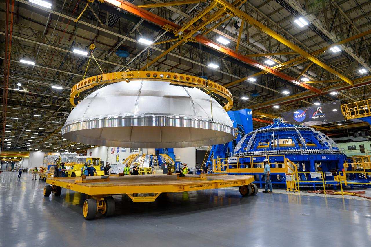 Teams completed the welding of the Artemis III core stage liquid oxygen tank dome at the NASA’s Michoud Assembly Facility in New Orleans. Crews moved the dome, which is the top of the tank. The dome was moved to an assembly area where it will be loaded into a robotic welder that will join it with the forward barrel to create half of the liquid oxygen tank. Later another barrel and dome will be added to complete the entire tank. The Space Launch System (SLS) core stage liquid oxygen tank holds 196,000 gallons of super-cooled liquid propellant that serves as one of the propellants for the four RS-25 engines. The SLS core stage is made up of five unique elements: the forward skirt, liquid oxygen tank, intertank, liquid hydrogen tank, and the engine section. The liquid oxygen and the liquid hydrogen tank will provide propellant to the four RS-25 engines to produce more than two million pounds of thrust to help launch NASA’s Orion spacecraft, astronauts, and supplies beyond Earth’s orbit to the Moon.