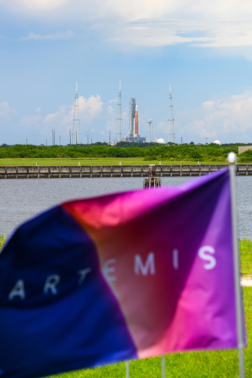 NASA’s Space Launch System (SLS) rocket with the Orion spacecraft aboard is seen atop the mobile launcher at Launch 39B at NASA’s Kennedy Space Center in Florida. Artemis I mission is the first integrated test of the agency’s deep space exploration systems: the Space Launch System rocket, Orion spacecraft, and supporting ground systems. The mission is the first in a series of increasingly complex missions to the Moon. Launch of the uncrewed flight test is targeted for no earlier than Aug. 29 at 8:33 a.m. ET. With Artemis missions, NASA will land the first woman and first person of color on the Moon, using innovative technologies to explore more of the lunar surface than ever before.