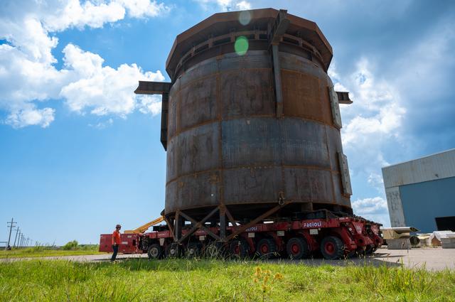NASA image: Inter-Stage Simulator for Exploration Upper Stage Moves to Michoud Dock for Transport