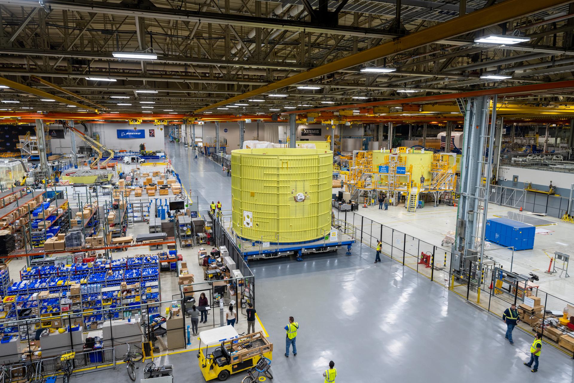 Technicians at NASA’s Michoud Assembly Facility move the intertank of NASA’s Space Launch System rocket for Artemis III to Cell G to await application of the thermal protection system. Thermal protection systems protect space vehicles from aerodynamic heating during entry to planet atmosphere and re-entry to earth atmosphere.  The intertank lays between the liquid hydrogen tank and liquid oxygen tank. Together with the engine section and the forward skirt, they comprise the SLS core stage. The liquid hydrogen tank and liquid oxygen tank hold 733,000 gallons of propellant to power the stage’s four RS-25 engines needed for liftoff and Artemis missions to the Moon and future missions to Mars.