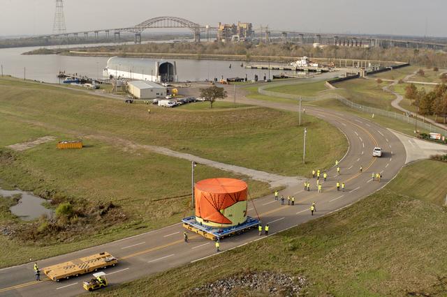 NASA image: NASA teams load SLS Engine Section for Artemis III mission on Pegasus barge