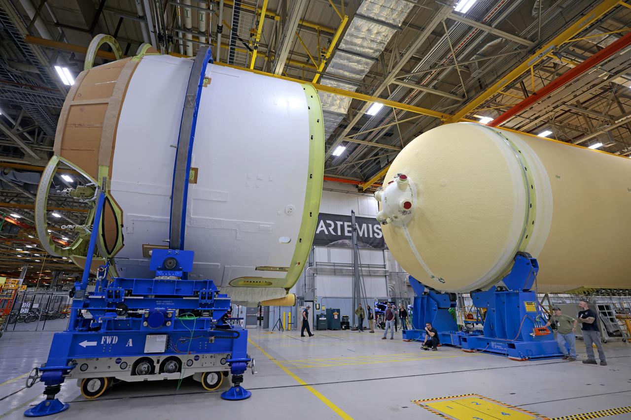 Teams with NASA and Boeing, the core stage lead contractor, at NASA’s Michoud Assembly Facility in New Orleans have fully integrated all five major structures of the Space Launch System (SLS) rocket’s core stage for Artemis II, the first Artemis mission that will send four astronauts around the Moon and return them home. Technicians joined the engine section to the rest of the rocket stage March 17. Next, teams will integrate the four RS-25 engines to the engine section to complete the stage. Located at the bottom of the 212-foot-tall core stage, the engine section is the most complex and intricate part of the rocket stage, helping to power Artemis missions to the Moon. In addition to its miles of cabling and hundreds of sensors, the engine section is a crucial attachment point for the RS-25 engines and two solid rocket boosters that produce a combined 8.8 million pounds of thrust at liftoff. It houses the engines and includes vital systems for mounting, controlling, and delivering fuel from the propellant tanks to the engines. Image credit: NASA/Michael DeMocker