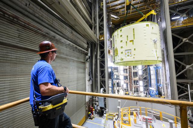 NASA image: Technicians Lift, Prepare Artemis III SLS Intertank for Next Phase of Production at NASA Michoud