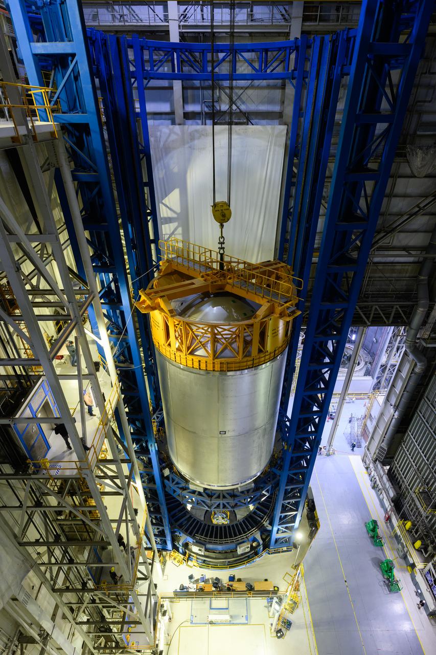 This imagery shows how technicians at NASA’s Michoud Assembly Facility in New Orleans moved the structurally complete liquid oxygen tank for NASA’s SLS (Space Launch System) after it was finished with welding Jan. 8. The tank will form part of the core stage for the SLS rocket that power NASA’s Artemis III mission to the Moon. The liquid oxygen tank is undergoing dimensional checks and partial baffle installation in Cell D.  The liquid oxygen tank is one of five major components that make up the SLS rocket’s core stage. Together with the forward skirt, intertank, liquid hydrogen tank, engine section, along with the four RS-25 engines at its base, the 212-foot core stage will help power NASA’s Artemis missions to the Moon.  