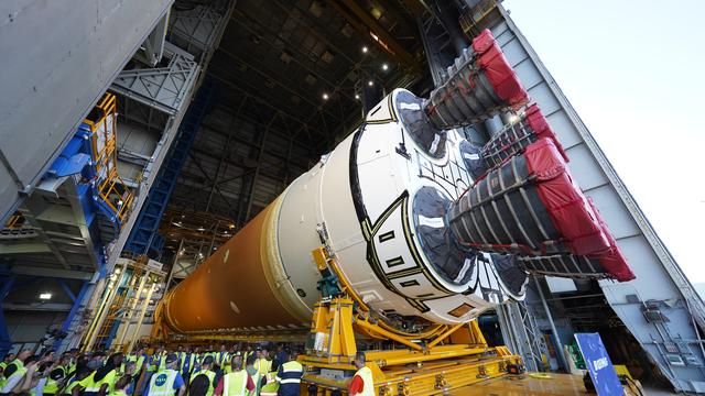 NASA image: Core Stage for Artemis II Rocket Moved to Pegasus Barge for Departure to Kennedy Space Center