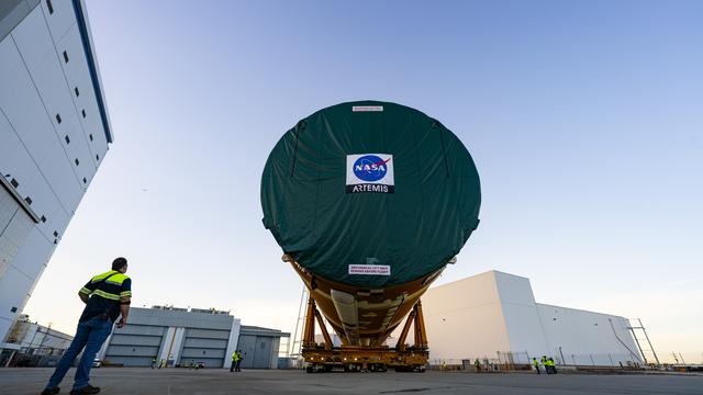 NASA image: Core Stage for Artemis II Rocket Moved to Pegasus Barge for Departure to Kennedy Space Center  
