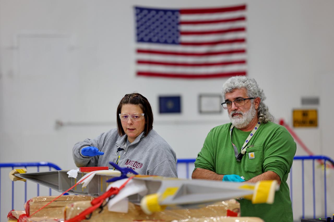 Technicians at NASA’s Michoud Assembly Facility in New Orleans on Feb. 22 prepare elements that will form part of the midbody for the future exploration upper stage for the SLS (Space Launch System) rocket. The midbody struts, or V-struts, will create the midbody’s cage-like outer structure to connect the upper stage’s larger liquid hydrogen tank to its smaller liquid oxygen tank. Manufacturing flight and test hardware for the future SLS upper stage is a collaborative effort between NASA and Boeing, the lead contractor for EUS and the SLS core stage.  Beginning with Artemis IV, SLS will evolve to its more powerful Block 1B configuration with the advanced exploration upper stage that gives the rocket the capability to launch 40% more to the Moon along with Artemis astronauts inside NASA’s Orion spacecraft. The evolved in-space stage for SLS will use a combination of liquid oxygen and liquid hydrogen propellants to help power the engines to send large cargo and crew inside Orion to the Moon. Image credit: NASA/Michael DeMocker