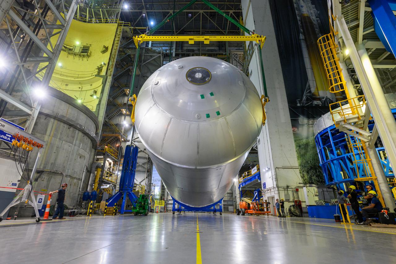 Teams at NASA’s Michoud Assembly Facility in New Orleans successfully completed hydrostatic proof testing of the core stage liquid oxygen tank for the agency’s Artemis III mission. The non-destructive evaluation method tests the structural integrity of the tank’s welds by filling the tank with water, simulating the propellant used during launch. The hardware was then moved to an adjacent cell for internal cleaning.  Next, the tank will be readied for primer and application of its thermal protection system. The propellant tank is one of five major elements that make up the 212-foot-tall rocket stage. The core stage, along with its four RS-25 engines, produce two million pounds of thrust to help launch NASA’s Orion spacecraft, astronauts, and supplies beyond Earth’s orbit and to the lunar surface for Artemis.