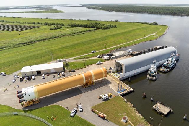 NASA image: Core Stage for Artemis II Rocket Moved to Pegasus Barge for Departure to Kennedy Space Center