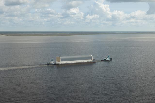 NASA Photographers Capture Aerial Views of Pegasus Barge with Artemis II Rocket Stage