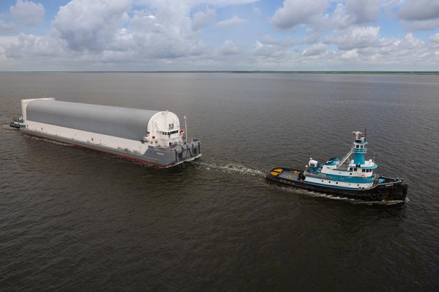 NASA image: NASA Photographers Capture Aerial Views of Pegasus Barge with Artemis II Rocket Stage