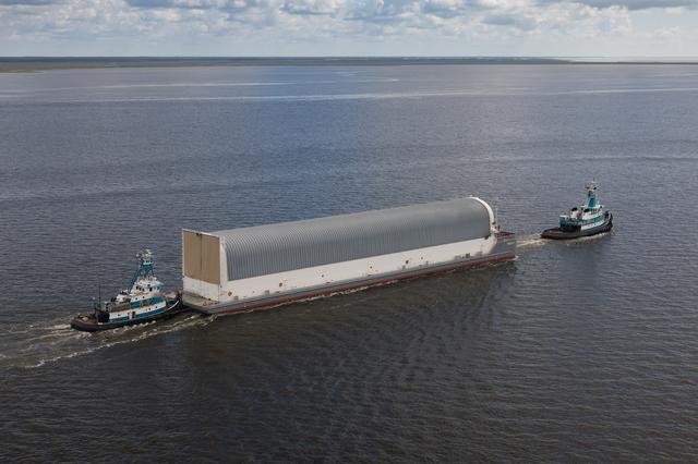 NASA Photographers Capture Aerial Views of Pegasus Barge with Artemis II Rocket Stage