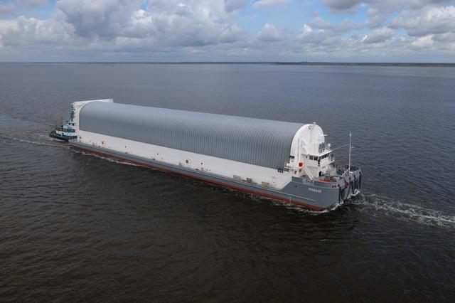 NASA image: NASA Photographers Capture Aerial Views of Pegasus Barge with Artemis II Rocket Stage