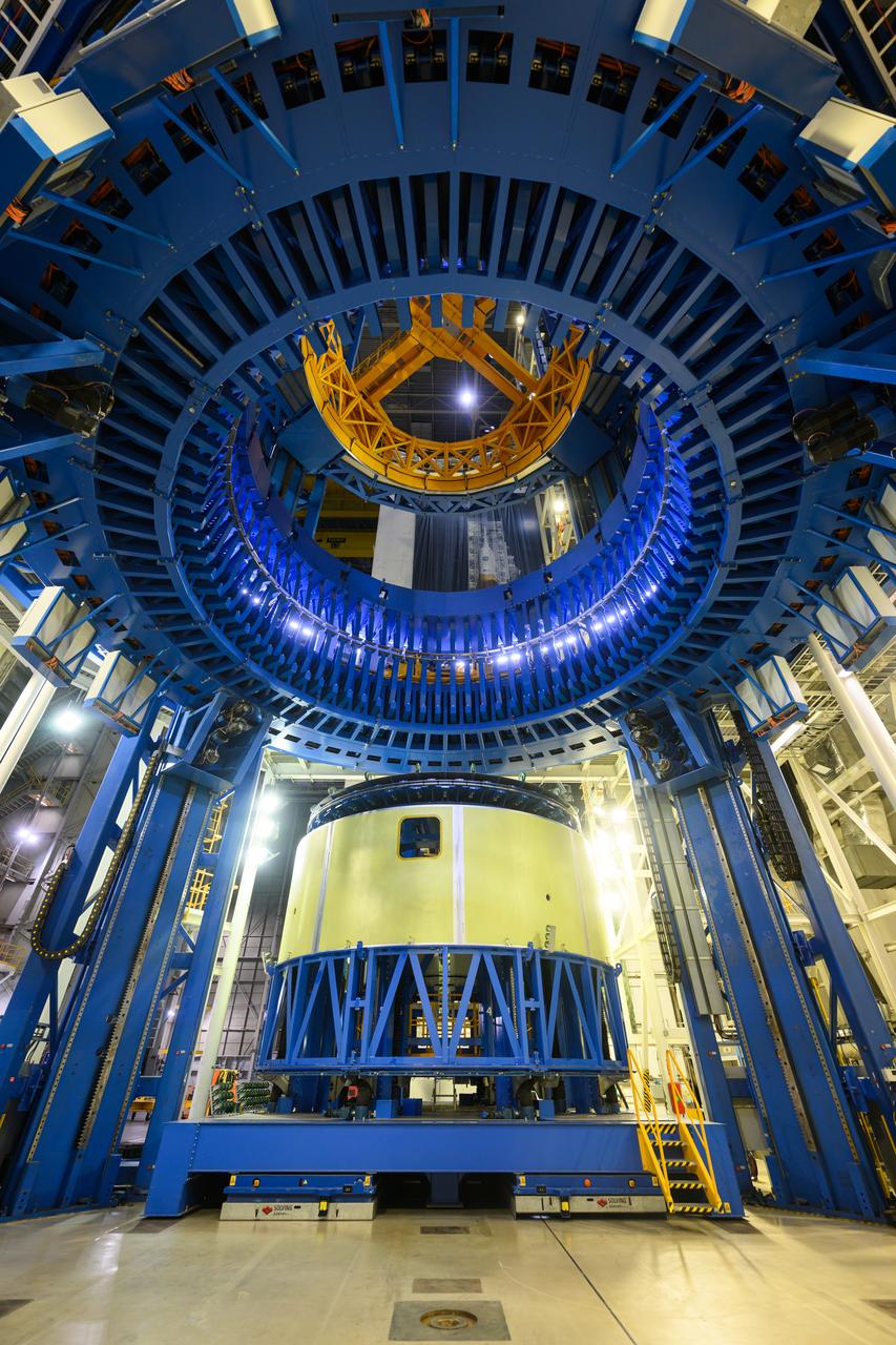 Teams at NASA’s Michoud Assembly Facility in New Orleans move the forward skirt, which will be used on the SLS (Space Launch System) rocket’s core stage for the agency’s Artemis IV mission, into the vertical assembly center on Dec. 2. Inside the tooling, the forward skirt receives its forward and aft rings through a circumferential friction-stir welding process. Seven rings are used in the production of the core stage. They provide stiffening for the dome structures on the propellant tanks and, as on the forward skirt, serve as attachment points for the major components to form the SLS core stage.    The forward skirt is one of five major elements that make up the 212-foot-tall rocket stage. The core stage, along with its four RS-25 engines, produce more than two million pounds of thrust to help launch NASA’s Orion spacecraft, astronauts, and supplies beyond Earth’s orbit and to the lunar surface for Artemis. 
