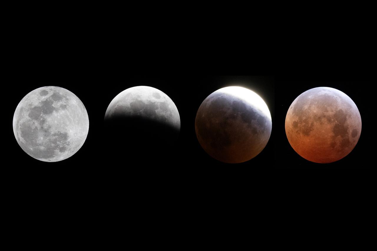 The blood moon lunar eclipse over New Orleans, home to NASA’s Michoud Assembly Facility, is shown from full moon to totality as it moves into the Earth’s umbral shadow in a composite of four images shot early Friday morning, March 14, 2025. Image credit: NASA/Michael DeMocker
