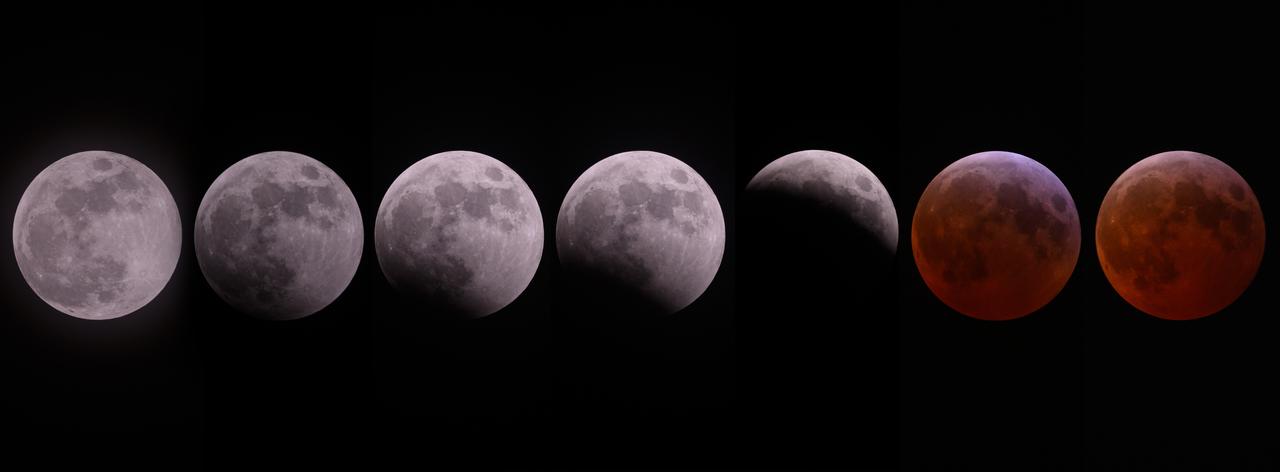 The blood Moon lunar eclipse over NASA’s Michoud Assembly Facility in New Orleans is shown from the initial partial eclipse to totality in a composite of 7 images shot on Friday, March 14, 2025. Image credit: NASA/Eric Bordelon
