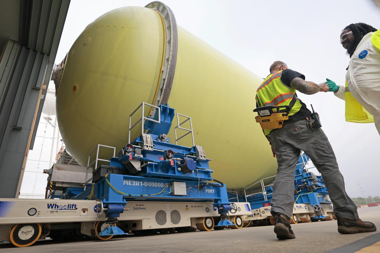 Move Crews at NASA’s Michoud Assembly Facility in New Orleans transport a liquid oxygen tank from a detached production building to the main 43-acre rocket factory on Mar. 26. Teams recently completed primer application on the tank, which will be used on the core stage of the agency’s SLS (Space Launch System) rocket for its Artemis III mission. The tank will now undergo electrical installations before moving on to the next phase of production. The propellant tank is one of five major elements that make up the 212-foot-tall rocket stage. The core stage, along with its four RS-25 engines, produce more than two million pounds of thrust to help launch NASA’s Orion spacecraft, astronauts, and supplies beyond Earth’s orbit and to the lunar surface for Artemis.     