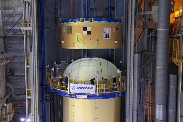 NASA image: Artemis III Forward Skirt Lifted for Forward Join Mating 