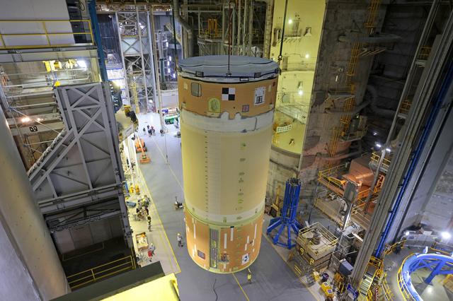 NASA image: Artemis III Core Stage Forward Join Lifts from Stacking Cell