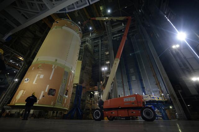 NASA image: Artemis III Core Stage Forward Join Lifts from Stacking Cell