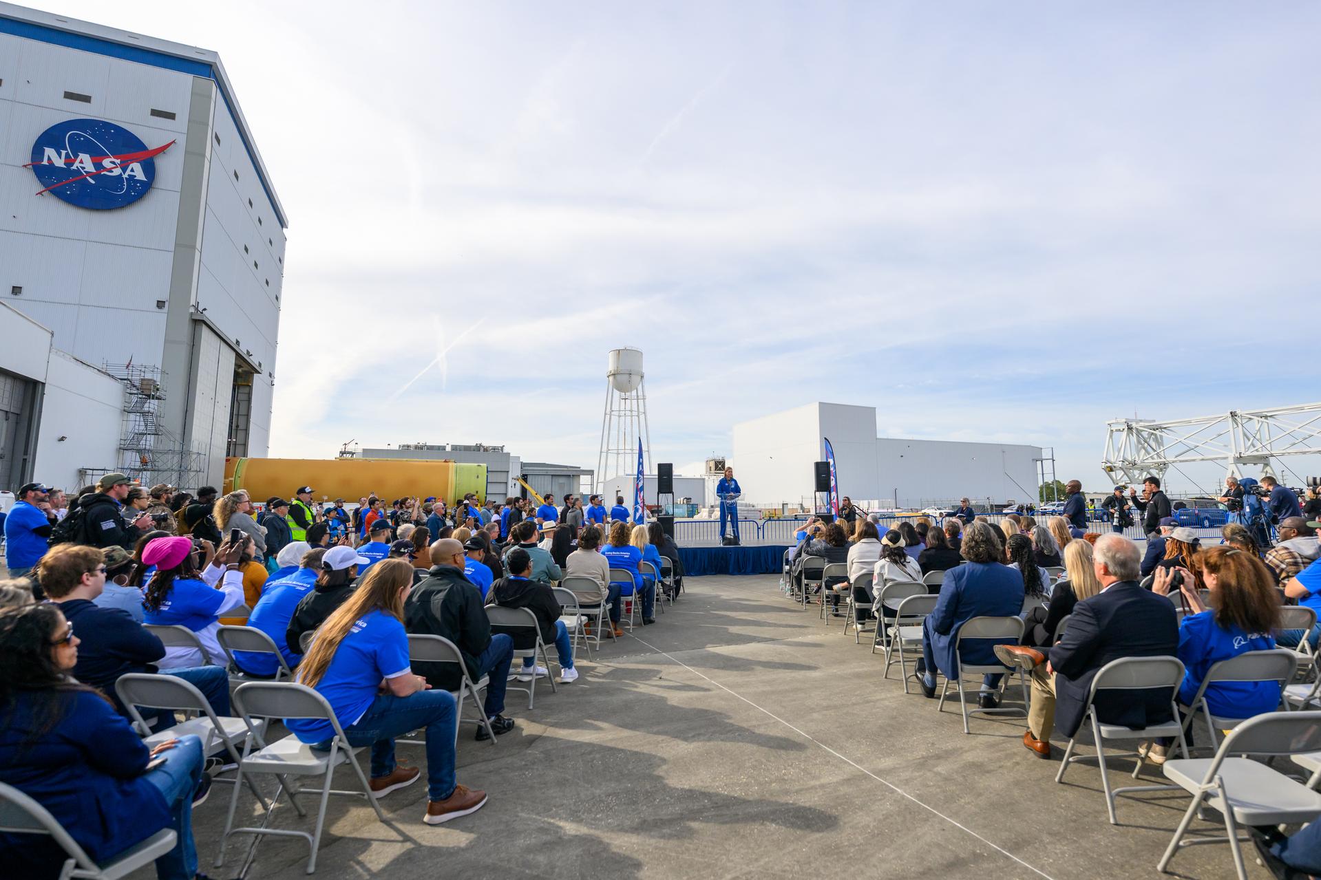 NASA moved the core stage, or the largest section, of the SLS (Space Launch System) rocket that will launch the crewed Artemis III mission in 2027 from the agency’s Michoud Assembly Facility to the agency’s Pegasus barge in New Orleans on April 20. The barge will ferry the top four-fifths – the section containing the liquid hydrogen tank, liquid oxygen tank, intertank, and forward skirt – of the SLS core stage to NASA’s Kennedy Space Center in Florida to complete outfitting and vertical integration.  Teams with NASA and Boeing, the SLS core stage lead contractor, used specialized transporters to guide the top four-fifths from the NASA rocket factory to Pegasus. Prior to the move, technicians added an engine section transportation simulator to the rocket stage for shipment to the Space Coast.  Next year’s Artemis III mission will launch astronauts to Earth’s orbit aboard the Orion spacecraft on top of SLS to test rendezvous and docking capabilities between Orion and commercial spacecraft needed to land Artemis IV astronauts on the Moon in 2028. NASA’s SLS is the only rocket capable of sending Orion, astronauts, and supplies to the Moon in a single launch.  Photo Credit: NASA/Eric Bordelon