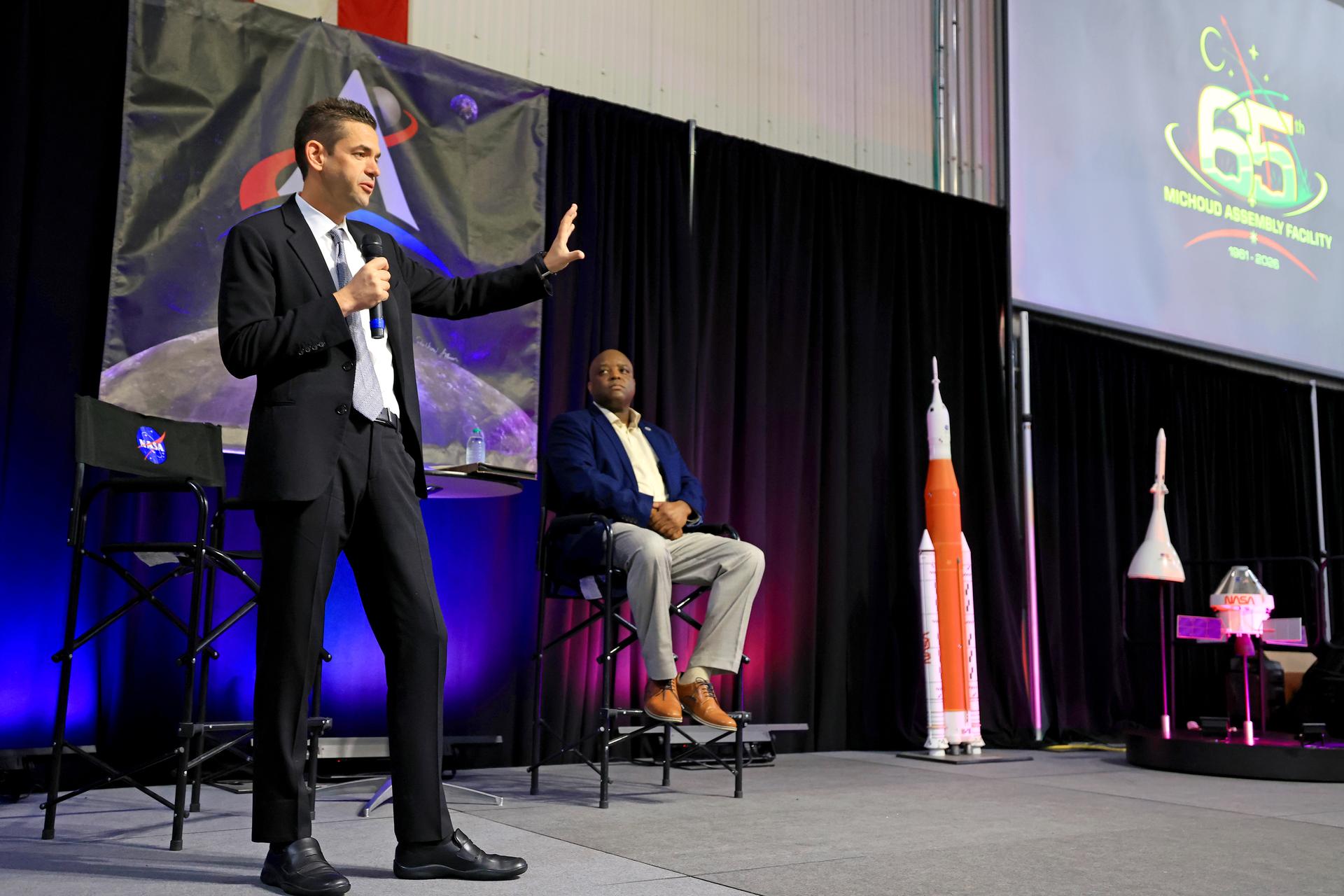 NASA Administrator Jared Isaacman speaks to the Michoud workforce during an employee town hall and Q&A session on Thursday, Sept. 17, 2026. Isaacman, NASA’s 15th administrator, stopped at Michoud during his multi-center tour to meet with employees, contractors, and partners. Image credit: NASA/Michael DeMocker
