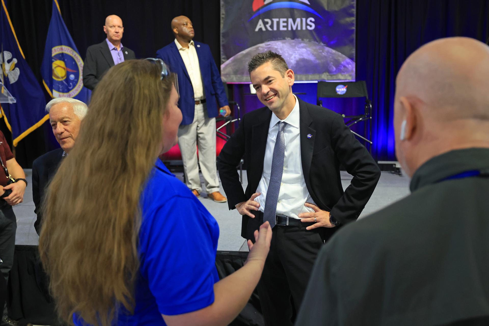 NASA Administrator Jared Isaacman speaks to the Michoud workforce during an employee town hall and Q&A session on Thursday, Sept. 17, 2026. Isaacman, NASA’s 15th administrator, stopped at Michoud during his multi-center tour to meet with employees, contractors, and partners. Image credit: NASA/Michael DeMocker