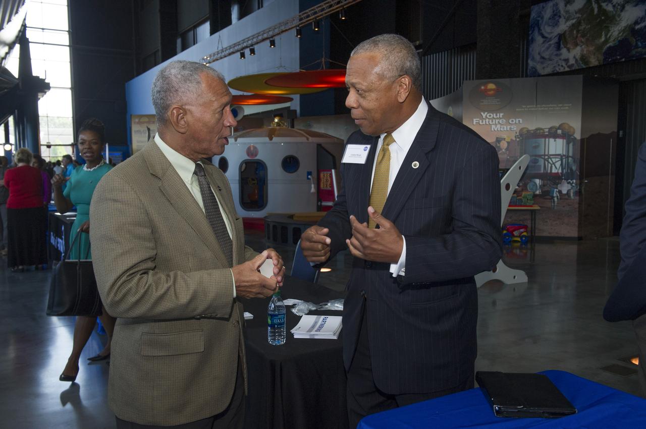 NASA ADMINISTRATOR CHARLES BOLDEN, LEFT, SPEAKS WITH LEGAND BURGE OF ALABAMA STATE UNIVERSITY, DURING THE SECOND ANNUAL MINORITY PARTNERSHIPS MEETING FOR HISTORICALLY BLACK COLLEGES AND UNIVERSITIES AND MINORITY SERVING INSTITUTIONS.