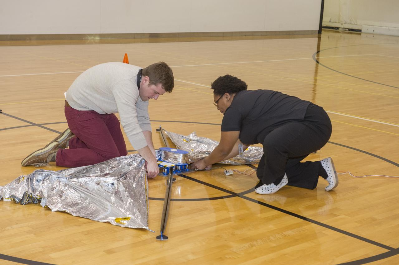 TIFFANY LOCKETT OVERSEES THE HALF SCALE (36 SQUARE METERS) ENGINEERING DEVELOPMENT UNIT (EDU) SOLAR SAIL DEPLOYMENT DEMONSTRATION IN PREPARATION FOR FULL SCALE EDU (86 SQUARE METERS) DEPLOYMENT IN APRIL, 2016