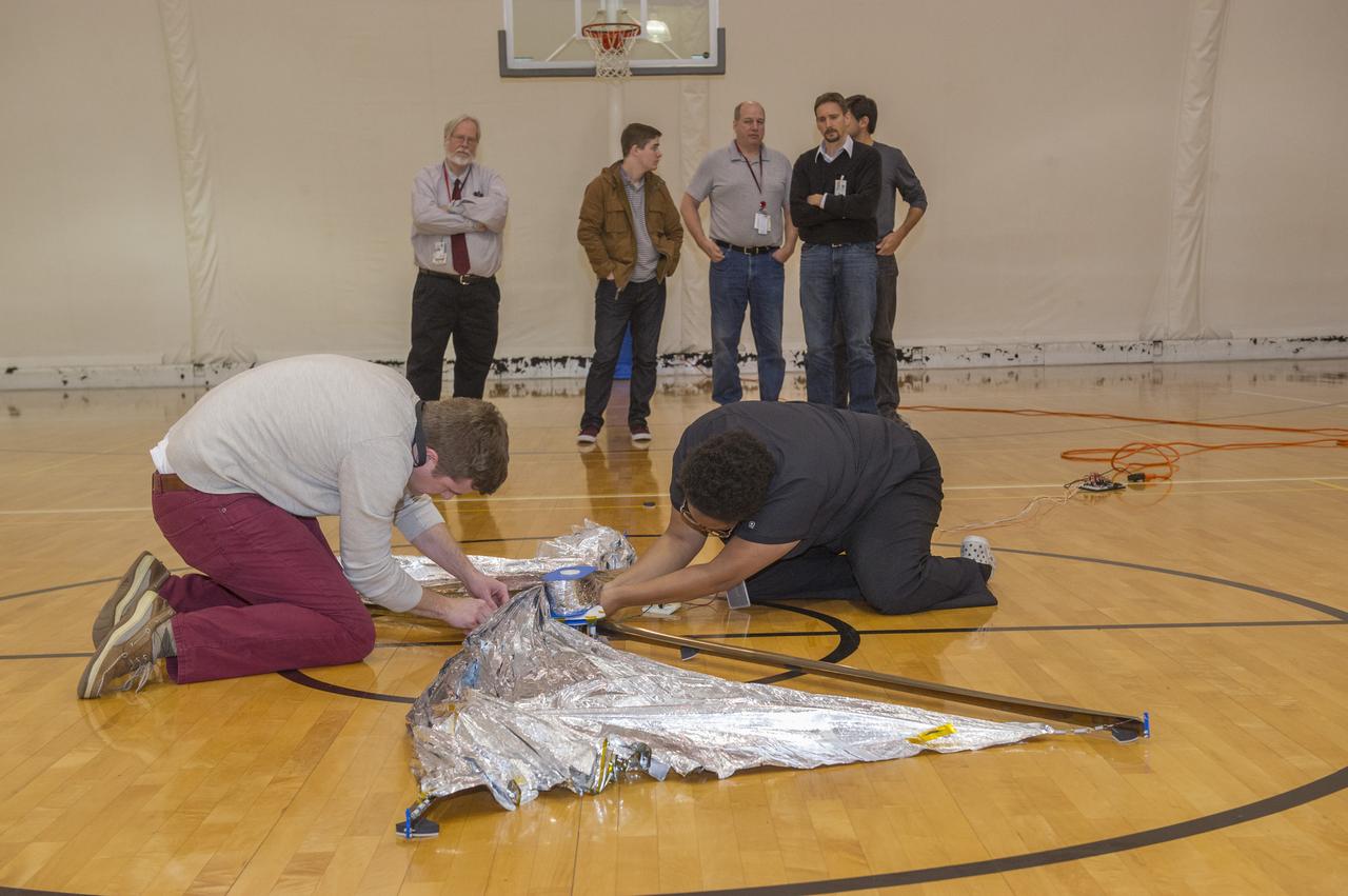 TIFFANY LOCKETT OVERSEES THE HALF SCALE (36 SQUARE METERS) ENGINEERING DEVELOPMENT UNIT (EDU) SOLAR SAIL DEPLOYMENT DEMONSTRATION IN PREPARATION FOR FULL SCALE EDU (86 SQUARE METERS) DEPLOYMENT IN APRIL, 2016