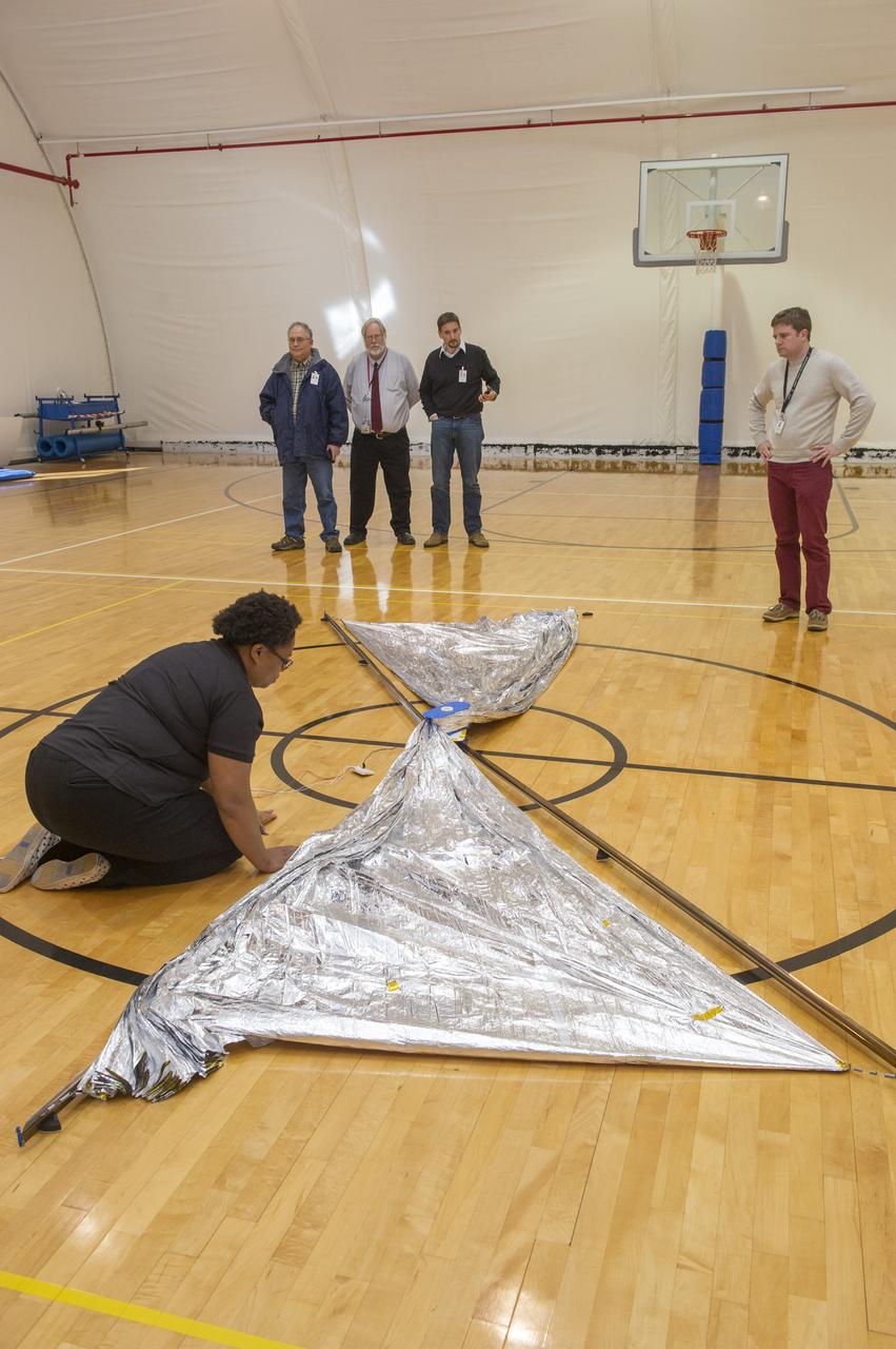 TIFFANY LOCKETT OVERSEES THE HALF SCALE (36 SQUARE METERS) ENGINEERING DEVELOPMENT UNIT (EDU) SOLAR SAIL DEPLOYMENT DEMONSTRATION IN PREPARATION FOR FULL SCALE EDU (86 SQUARE METERS) DEPLOYMENT IN APRIL, 2016