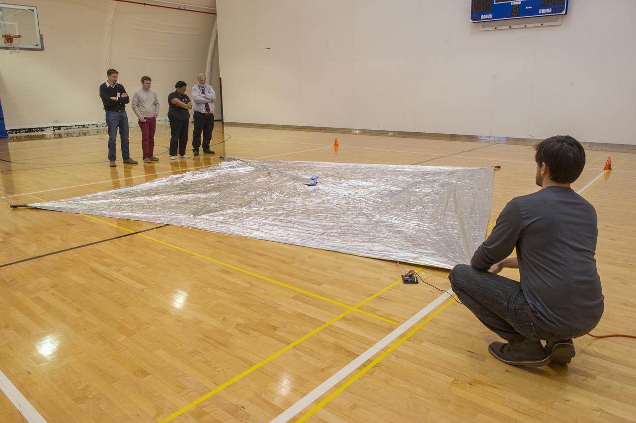 TIFFANY LOCKETT OVERSEES THE HALF SCALE (36 SQUARE METERS) ENGINEERING DEVELOPMENT UNIT (EDU) SOLAR SAIL DEPLOYMENT DEMONSTRATION IN PREPARATION FOR FULL SCALE EDU (86 SQUARE METERS) DEPLOYMENT IN APRIL, 2016