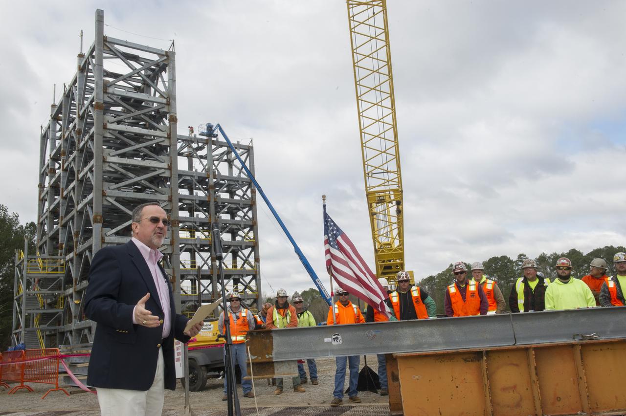 "YOUR WORK IS CRITICAL TO THE JOURNEY TO MARS," SAID SLS DEPUTY PROGRAM MANAGER JERRY COOK TO THE CONSTRUCTION CREW AT THE "TOP OUT" CEREMONY FOR TEST STAND 4697 AT MARSHALL.