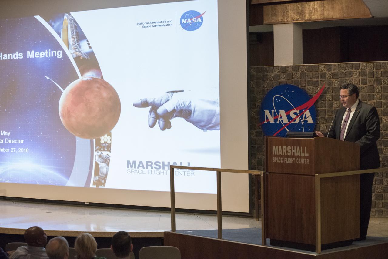 TODD MAY, DIRECTOR OF NASA’S MARSHALL SPACE FLIGHT CENTER, ADDRESSES THE WORKFORCE DURING AN ALL-HANDS MEETING SEPT. 27 IN MORRIS AUDITORIUM. HE PRAISED TEAM MEMBERS FOR THEIR MANY SUCCESSES THROUGHOUT 2016 BY TURNING MILESTONES INTO MOMENTUM, AND DELIVERING ON COMMITMENTS -- ON BUDGET AND ON TIME. MAY ALSO LOOKED AHEAD, AFFIRMING THE CENTER’S PLEDGE TO MEET THE DEMANDS OF THE 21ST CENTURY BY BEST ALIGNING THE STRUCTURE OF MARSHALL’S INTERNAL ORGANIZATIONS AND DIRECTORATES. DOING SO, HE SAID, WILL CONTINUE A RICH TRADITION OF PROVIDING THE INNOVATIVE, GAME-CHANGING WORK ESSENTIAL FOR SCIENTIFIC DISCOVERY, THE FUTURE OF HUMAN SPACEFLIGHT AND EVENTUALLY, THE FIRST HUMAN MISSION TO MARS ON NASA’S SPACE LAUNCH SYSTEM