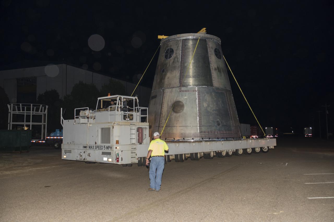A SLS LAUNCH VEHICLE STAGE ADAPTER IS MOVED FROM THE VERTICAL WELD TOOL STATION IN MSFC’S BUILDING 4755 TO THE WEST TEST AREA’S TEST STAND 4699 WHERE IT WILL UNDERGO FURTHER TESTING OF ITS ABILITY TO WITHSTAND THE STRESSES RELATED TO LAUNCH AND SPACE TRAVEL.