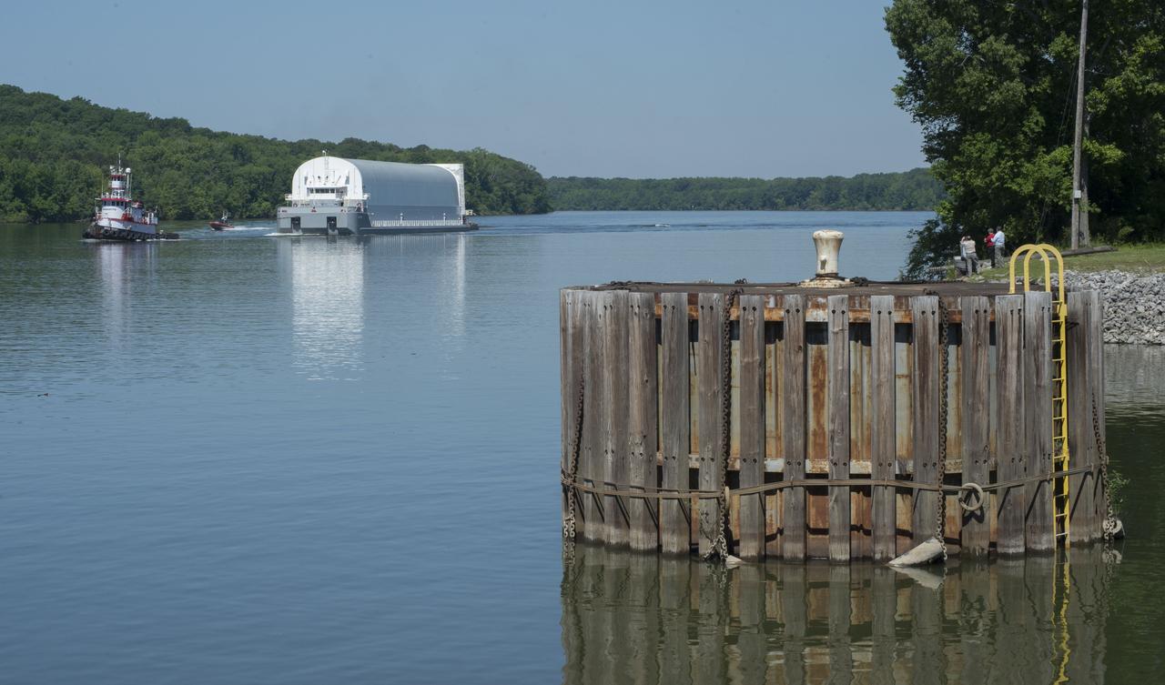 NASA’s barge, Pegasus, approaches the barge dock on Redstone Arsenal, home to the Marshall Space Flight Center. Pegasus is transporting the RS-25 engine core stage test article from the Michoud Assembly Facility to Marshall for structural testing.