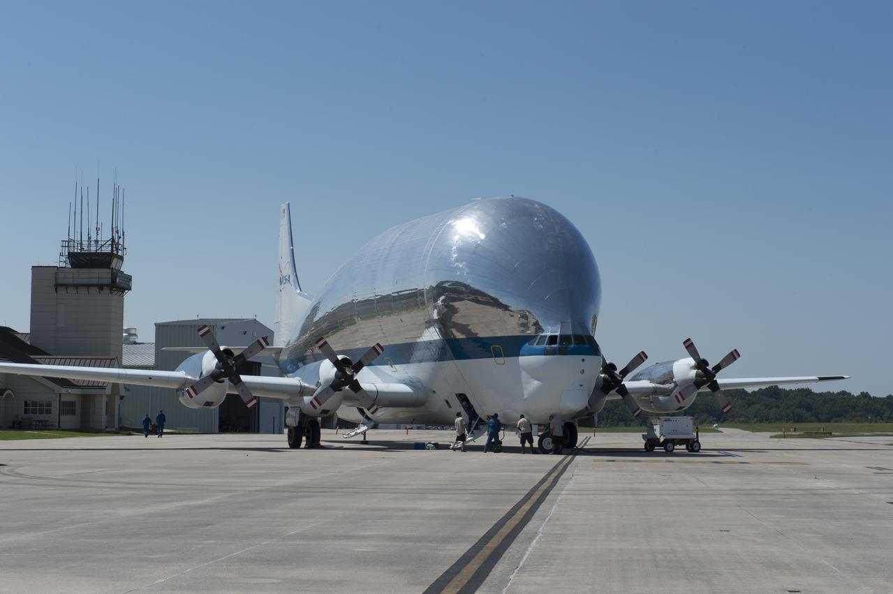 NASA's Super Guppie aircraft on to tarmac of Redstone Arsenal airfield prior to liftoff with the Orion stage adapter which will be transported to Denver, Colorado for further testing.