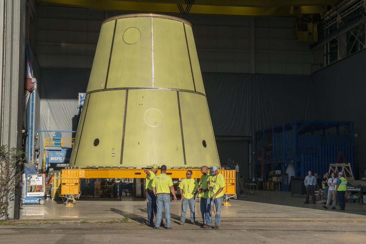 Launch Vehicle Stage Adapter being loaded on the KMag for transportation to building 4707 for further testing.