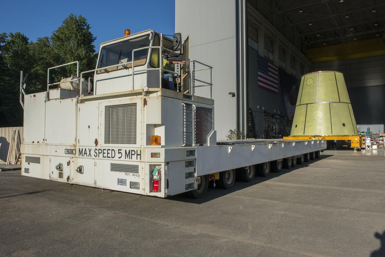 Launch Vehicle Stage Adapter being loaded on the KMag for transportation to building 4707 for further testing.