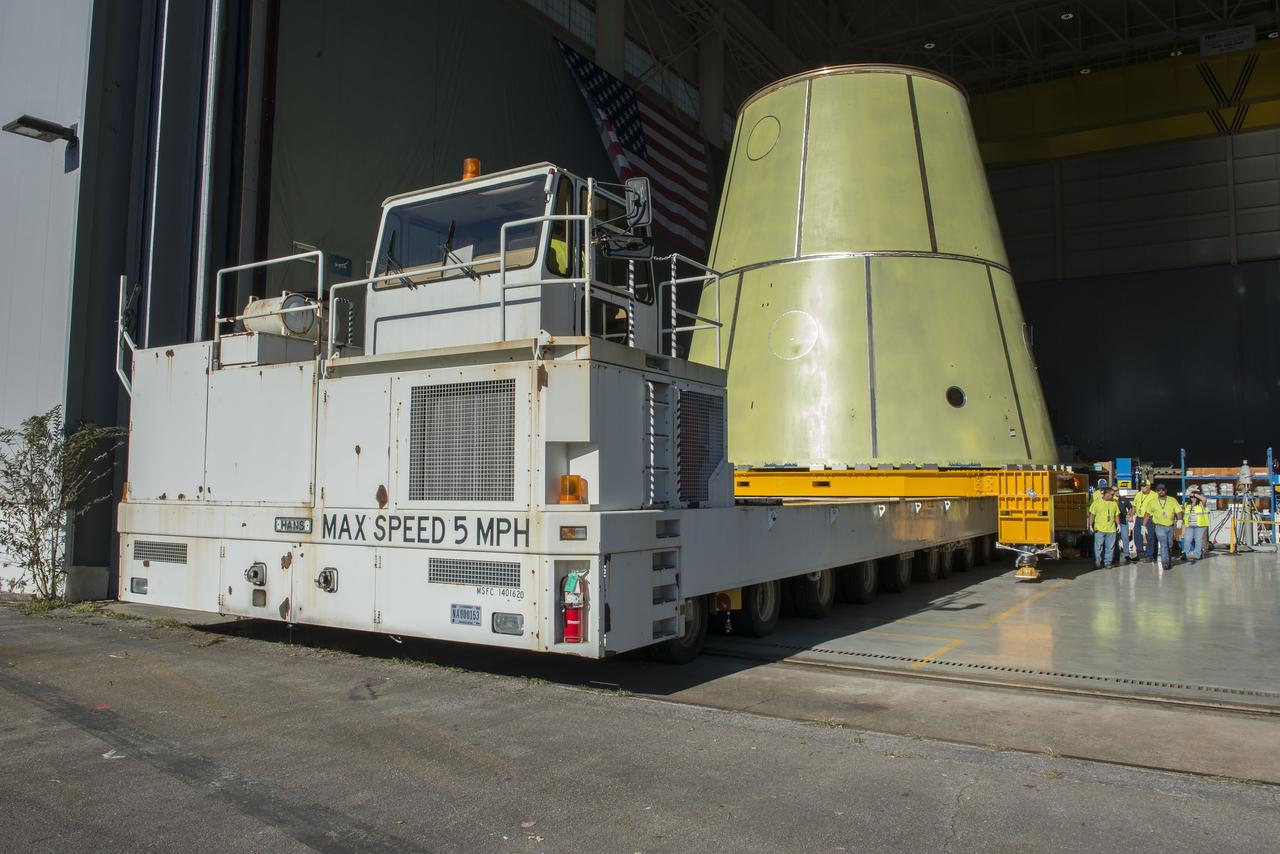 Launch Vehicle Stage Adapter being loaded on the KMag for transportation to building 4707 for further testing.