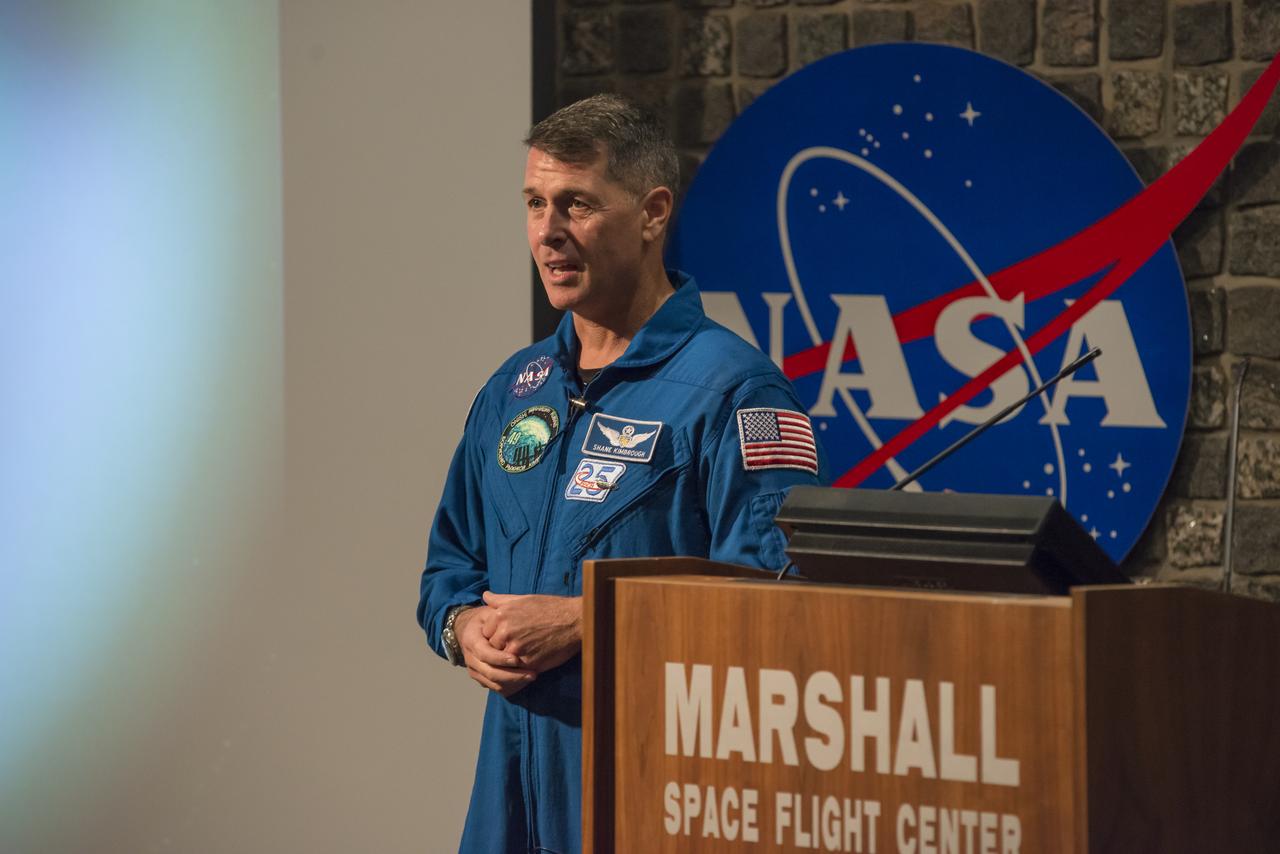 NASA astronaut Shane Kimbrough presents highlights from his Expedition 49-50 mission aboard the International Space Station Sept. 19 to students from theU.S. Space & Rocket Center's Space Camp and team members at NASA's Marshall Space Flight Center. While serving as commander of the station, Kimbrough conducted four spacewalks, during which he installed new batteries and relay boxes, and helped move a pressurized mating adapter for future commercial crew spacecraft visiting the outpost. He also contributed to hundreds of experiments in biology, biotechnology, physical science and Earthobservations. One of these experiments was the Microgravity Expanded Stem Cells investigation, results of which could lead to the treatment of diseases andinjury in space and provide a way to improve stem cell production for medical therapies on Earth.