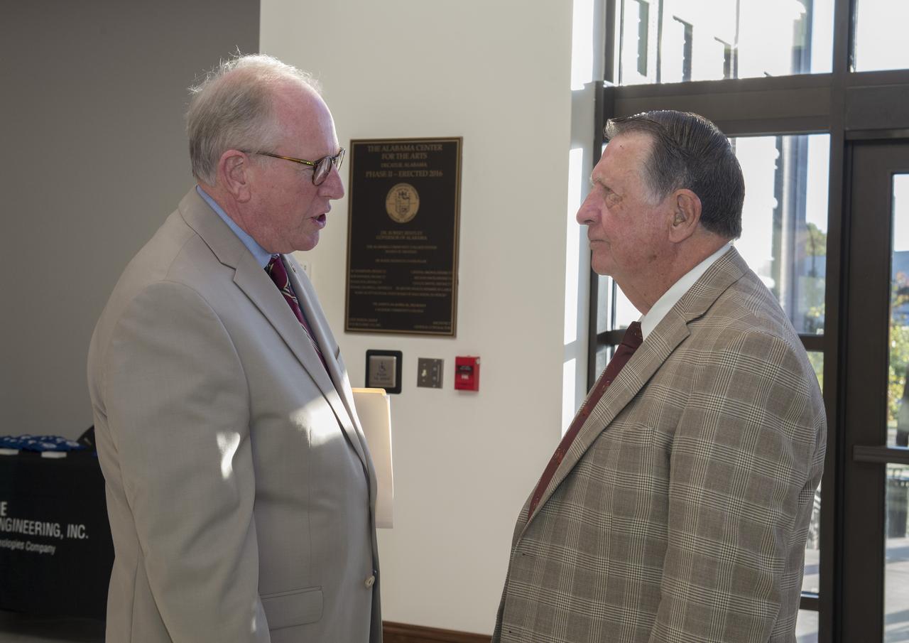 The Morgan County Economic Development Association and the City of Decatur, in Partnership with the NASA/Marshall Space Flight Center (MSFC), hosted a business forum on, How to Launch Your Business with NASA, Wednesday, October 18, 2017, at the Alabama Center for the Arts in downtown Decatur, AL.  The event was open to all businesses allowed them to connect with Senior NASA representatives and their prime contractors. The program guided businesses through the process of working with NASA as a supplier, subcontractor, and/or a service provider. The Marshall Space Flight Center’s projected procurement budget in FY 2018 is approximately $2.2 billion and numerous procurement opportunities are available for small business participation each fiscal year.  The program included Todd May, Director of Marshall Space Flight Center; Johnny Stephenson, Director of Marshall Space Flight Center’s Office of Strategic Analysis and Communication; David Brock, Small Business Specialist with Marshall Space Flight Center; and Lynn Garrison, Small Business Specialist Technical Advisor with Marshall Space Flight Center. Additionally, there was a prime contractor panel consisting of representatives from five NASA prime contractors.  The event included a dedicated networking session with those prime contractors.   The “Launch Your Business With NASA” event provides those in attendance the opportunity to network with key Marshall Space Flight Center procurement and technical personnel, and representatives of several major Marshall Space Flight Center prime contractors. Decatur Mayor Tab Bowling chats with NASA retiree Don Odum