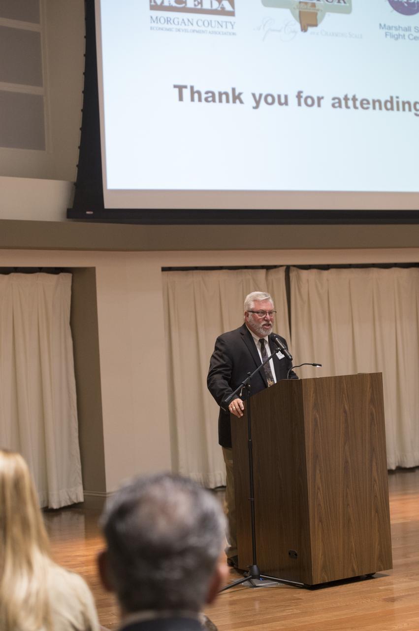 The Morgan County Economic Development Association and the City of Decatur, in Partnership with the NASA/Marshall Space Flight Center (MSFC), hosted a business forum on, How to Launch Your Business with NASA, Wednesday, October 18, 2017, at the Alabama Center for the Arts in downtown Decatur, AL.  The event was open to all businesses allowed them to connect with Senior NASA representatives and their prime contractors. The program guided businesses through the process of working with NASA as a supplier, subcontractor, and/or a service provider. The Marshall Space Flight Center’s projected procurement budget in FY 2018 is approximately $2.2 billion and numerous procurement opportunities are available for small business participation each fiscal year.  The program included Todd May, Director of Marshall Space Flight Center; Johnny Stephenson, Director of Marshall Space Flight Center’s Office of Strategic Analysis and Communication; David Brock, Small Business Specialist with Marshall Space Flight Center; and Lynn Garrison, Small Business Specialist Technical Advisor with Marshall Space Flight Center. Additionally, there was a prime contractor panel consisting of representatives from five NASA prime contractors.  The event included a dedicated networking session with those prime contractors.   The “Launch Your Business With NASA” event provides those in attendance the opportunity to network with key Marshall Space Flight Center procurement and technical personnel, and representatives of several major Marshall Space Flight Center prime contractors.Arts.. City of Hartselle Mayor Randy Garrison welcomes attendees to conference.