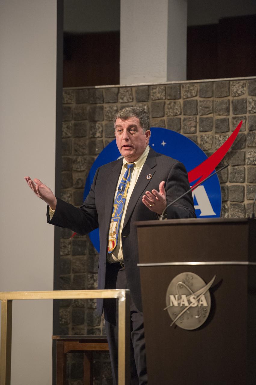 International Space Station program manager Kirk Shireman addresses station hardware and science teams at NASA's Marshall Space Flight Center.