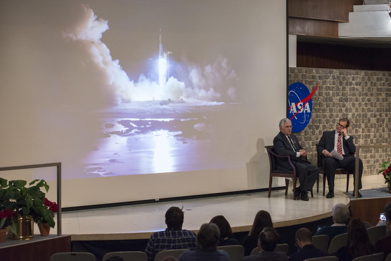 Apollo 17 lunar module pilot Harrison Schmitt, left, shared his experiences as an astronaut and lunar geologist during a visit to Marshall Dec. 7, as part of the Shared Experiences Forum. During an interactive Q&A moderated by Marshall Associate Director Jonathan Pettus, right, Schmitt spoke about launching on the Saturn V rocket, exploring the Moon and looking back at the Earth. The day of his visit was the 45th anniversary of the Apollo 17 launch.