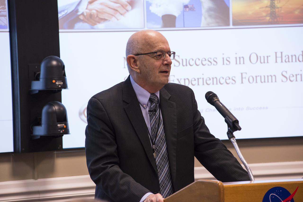 Vernon "Bill" Wessel, former associate director of NASA's Glenn Research Center from 2006-2011, addresses team members at NASA's Marshall Space Flight Center Jan. 19 as part of the "Mission Success in in Our Hands" Shared Experiences forum. Wessel, currently senior vice president of Ares Corp. and deputy of the Huntsville-based company's Space & Defense Division, spoke about his 30-year NASA career and the importance of workplace safety. "Keep in your head every day and in every way that safety is number one," he said. "When you meet people, ask them, 'How are you doing today? How's the job? How are you staying safe?' These are the things that are important." The bimonthly Shared Experiences forum, a Marshall safety initiative to promote and strengthen mission assurance and flight safety, is sponsored by NASA partner Jacobs Engineering of Huntsville.